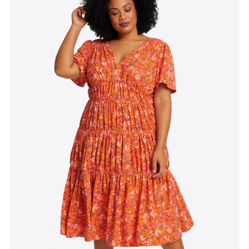 Draper James orange flutter sleeve Floral tiered midi Dress 20 NWT